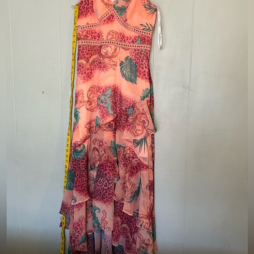 Guess LA Pink Tropical Print Midi Dress Size Small Ruffle Hem Summer Dress